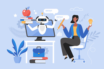 Wall Mural - education with artificial intelligence concept. modern vector illustration of young woman using ai t