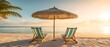 Deux chaises longues au bord d'une plage durant les vacances dans un cadre paradisiaque  