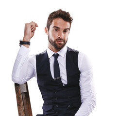 Wall Mural - Portrait, classy and a handsome gentleman in formal clothes isolated on a transparent background for style. Chair, confident and fashion with a young male model posing in smart clothing on PNG