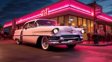 Retro Style Pink Vehicle Parked By Neon Light Snack Bar Generated By AI