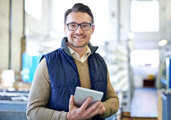 Poster - Tablet, smile and portrait of man in factory for manufacturing, networking and inventory. Distribution, industrial and technology with male employee in warehouse for inspection, export and storage