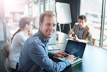 Leinwandbilder - Happy, meeting and portrait of a businessman with a laptop for notes, email or planning at work. Smile, teamwork and a corporate worker with a computer for project management collaboration in office