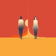 Two people walking in opposite directions ilrating the concept of social identity. Psychology art concept. AI generation