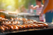 Grilled Sausages Are Cooked On A Barbecue Grill, Outdoor On A Bright Sunny Day Against The Background Of A Blurred Youth Company. Generated By AI
