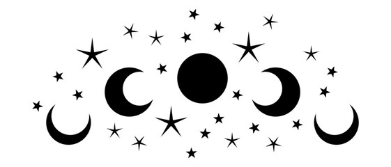 Magic moon and stars icon. Graphic elements for astrology. Boho witch and magic symbol. Black goth moon illustration isolated on white background. Vector EPS 10