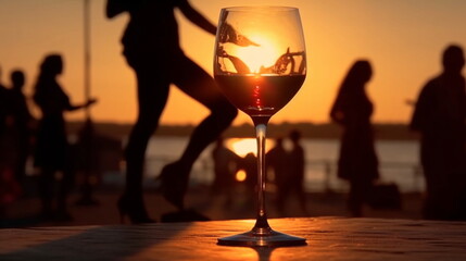 Wall Mural - glass of wine on wooden table and people silhouette relax and dance at sunset on the promenade on sea beach ,generated ai