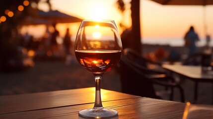 Wall Mural - glass of wine on wooden table and people silhouette relax and dance at sunset on the promenade on sea beach ,generated ai