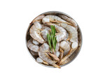 White tiger shrimps, raw prawns in a skillet with rosemary.  Isolated, transparent background