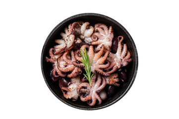 Wall Mural - Fried baby octopuses in a skillet with herbs.  Isolated, transparent background