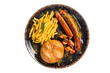 Сurrywurst sausages, pieces of sausage with curry sauce and French fries.  Isolated, transparent background