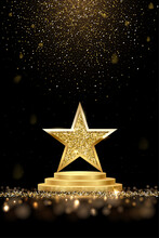 Golden Three Step Podium With Star Glowing. Gold Stage With Glitter And Light Smoke On Dark Background. Hollywood Fame In Film And Cinema Or Championship In Sport Vector Illustration