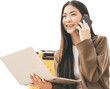 © dodotone - Young adult asian woman using laptop smartphone with travel suitcase isolated transparent background