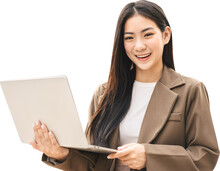 Young Business Southeast Asian Woman Using Laptop Computer Isolated Transparent Background