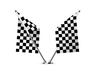 Black and white crossed race flags, 3D checkered flags on metal pole for start and finish