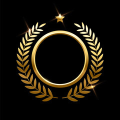 Wall Mural - gold round frame, stars and circular wreath from olive leaves vector illustration. realistic 3d gold