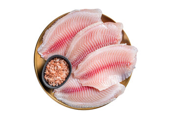 Canvas Print - Raw fish fillet of tilapia in a plate with spices.  Isolated, transparent background