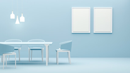 Wall Mural - Interior of the room in plain monochrome pastel blue color with furnitures and room accessories. Light background with copy space. 3D rendering for web page, presentation or picture frame backgrounds.