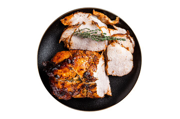 Roast rolled pork ham meat on plate with thyme. Isolated, transparent background