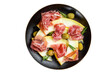 Prosciutto ham and melon salad in a plate.  Isolated, transparent background