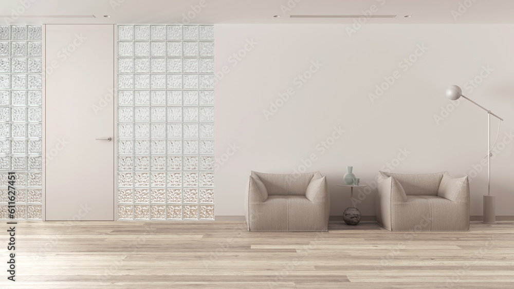 Picture of Minimal waiting sitting room with bleached parquet in white and beige ...