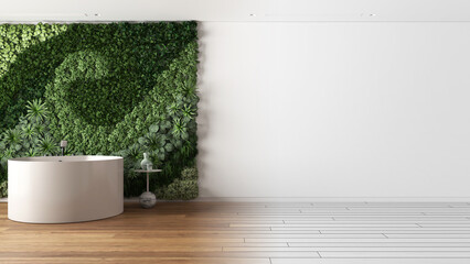 Wall Mural - Architect interior designer concept: hand-drawn draft unfinished project that becomes real, minimal bathroom with round bathtub and decors. Vertical garden and parquet