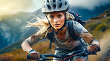 Young Woman In Helmet And Goggles Riding Down On Mountainbike