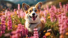 Charming Corgi Dog In Flowers In The Spring Mountains Generative AI