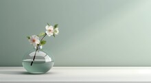 Modern Glass Vase With Cherry Flowers In Sunlight From Window On Green Wall, Shadow On White Marble Floor For Decoration, Luxury Cosmetic, Skincare, Beauty Product Background Display, Generative Ai