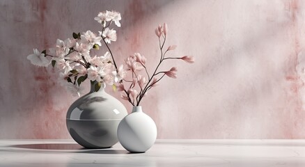 2 ceramic vases with blooming cherry flowers branches in sunlight from window on pastel pink and gray wall for decoration, luxury cosmetic, skincare, beauty product background display, Generative ai