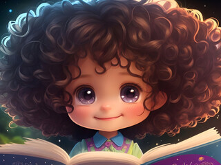 a little cute girl with curly hair reading a book