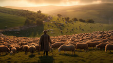 The Shepherd On The Hillside Is Grazing The Sheep, And The Flock Raises Dust
