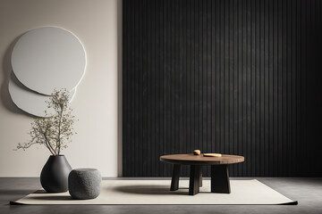 Grey wall panels and a black side table in minimalistic interior design composition. 