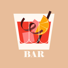 Classical aperitif in old fashioned glass. Alcoholic drink in rocks glass with orange and straw. Vector illustration of bar card cover.