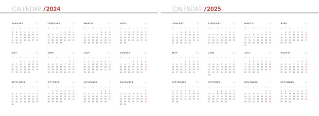 Wall Mural - Set of 2024-2025 Annual Calendar template. Vector layout of a wall or desk simple calendar with week start monday.