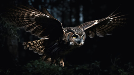 round eyes and a curved beak, an owl is about to fly in the sky. it has a focused and angry expressi