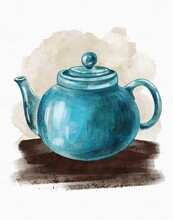 Hand Drawn Ceramic Blue Teapot On Watercolor Background