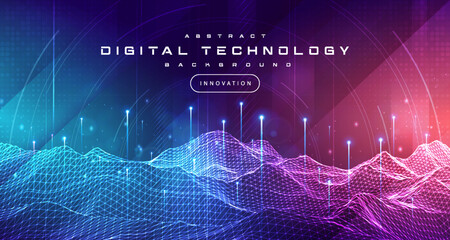 digital technology metaverse neon blue purple background, cyber information abstract speed connect c