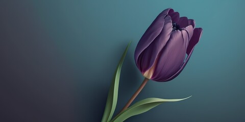 Wall Mural - tulips in deep purple in full bloom on a blue backdrop with white text. banner. holiday greeting car