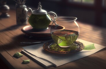 Wall Mural - Table set with green tea Generative AI