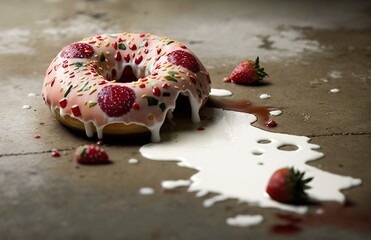 Wall Mural - Donut holes, floor-covering icing decorations, and a sprinkle of strawberry jam. Generative AI