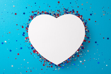 Wall Mural - Congratulate nation on Independence Day USA in style. Overhead shot capturing symbolic adornments: blinking confetti on blue background with empty heart shaped card for text or promotion