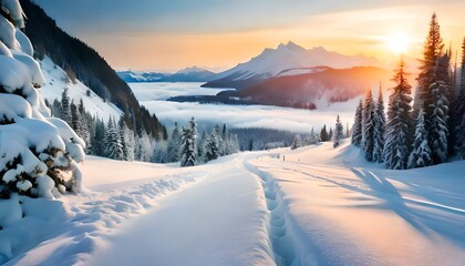 Landscape of winter snowy road with trail, snowy forest in the right and left, with clear sky and bright evening sunset mountain background. Generative AI technology.