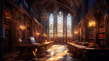  Fantasy library in cozy cathedral environment