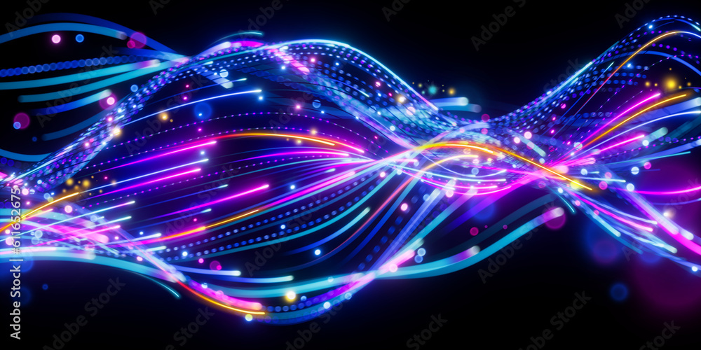 3d render, abstract background with pink blue neon lines glowing in ...