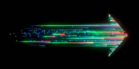 3d render, abstract neon arrow with fading tail. Technology concept. Glowing green red lines and bokeh lights