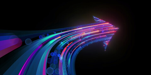 3d render, abstract neon arrow turns right. speed and technology concept. glowing pink blue lines an