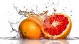 Fototapeta Łazienka - Slice of yellow grapefruit red in the inside falling in the water surface explosion and splash.