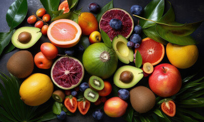 Ripe and tasty fruits and vegetables background