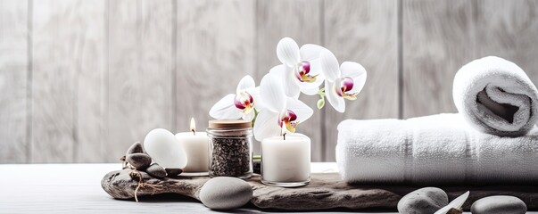 Beauty treatment items for spa procedures on white wooden table and marble wall. massage stones, essential oils and sea salt. candle, rolled up white towel, plants, copy space