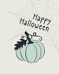 Wall Mural - Happy Halloween card with green pumpkin and spider web. Vector illustration